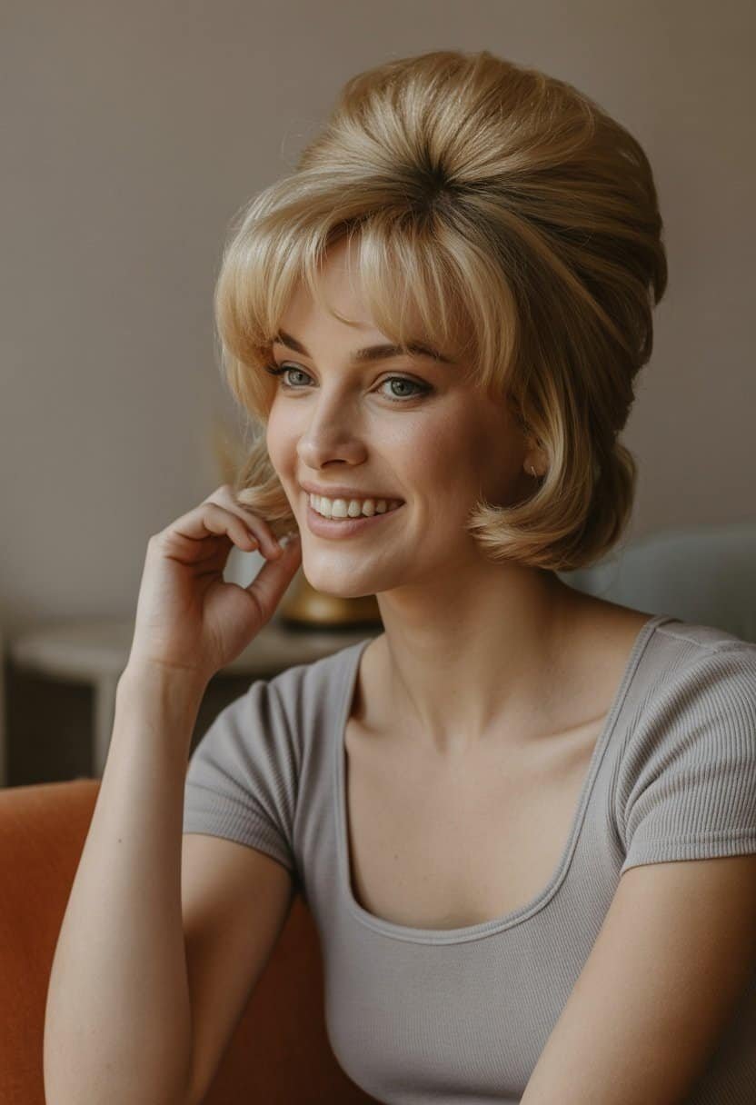 A woman with a voluminous hairstyle stands casually in a cozy indoor setting, smiling gently with a relaxed expression.