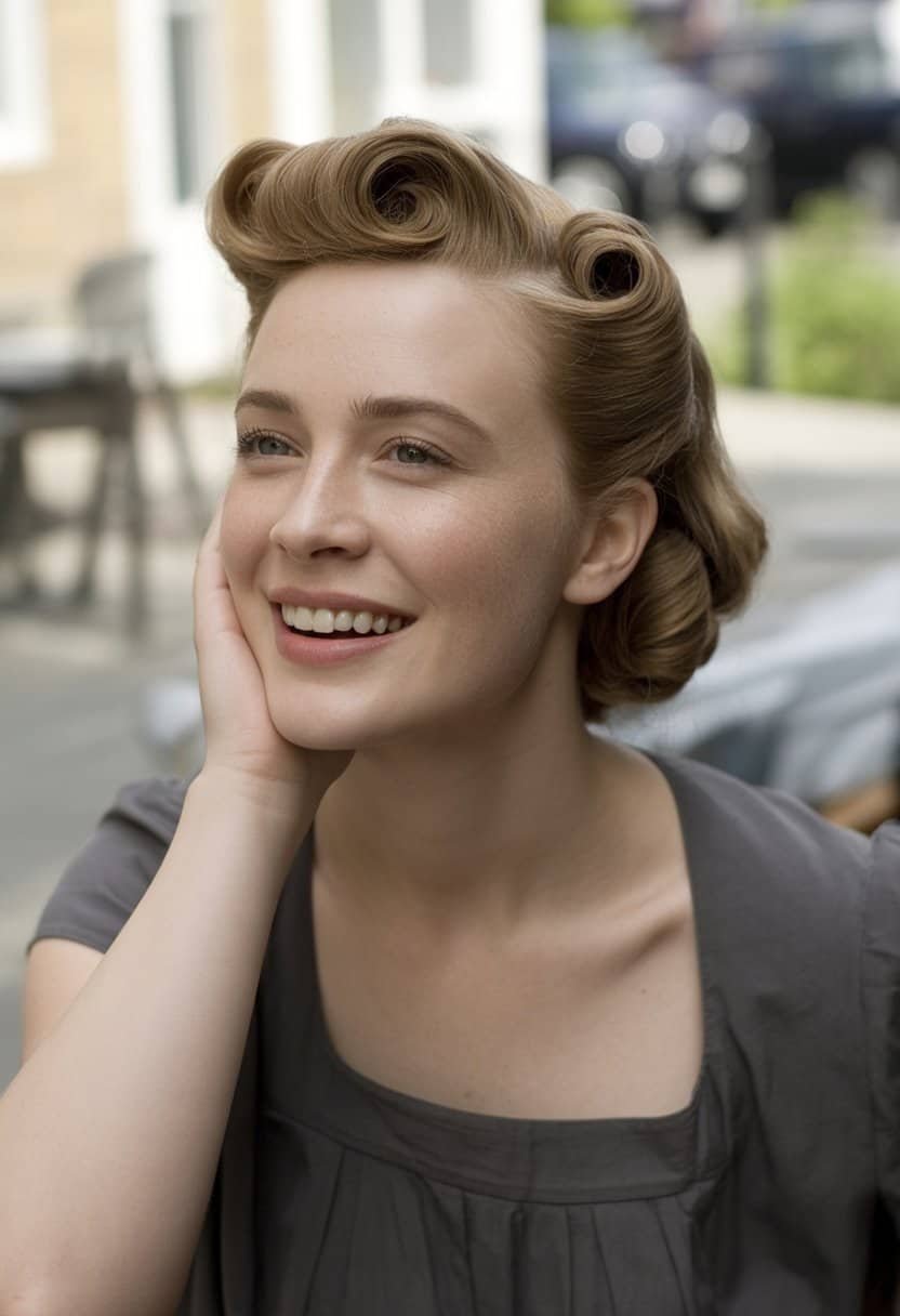 A woman with curled hair sits casually in a softly lit room, wearing everyday clothes and smiling naturally.