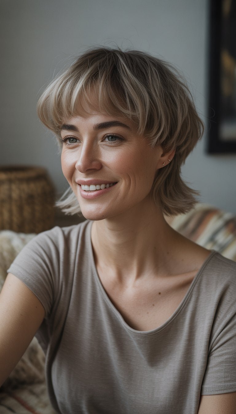 A woman with a mullet wolf cut hairstyle stands casually in a simple indoor setting, wearing casual clothes and looking relaxed and natural.