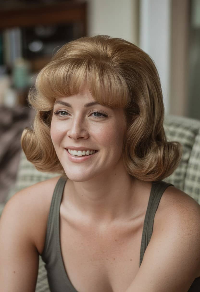 A woman with a 1960s flip hairstyle smiling naturally in a casual setting with soft lighting.