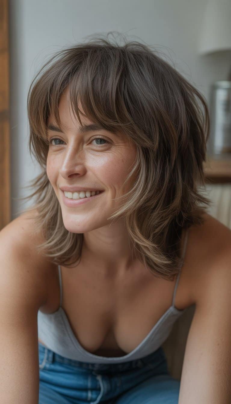 A woman with a shaggy mullet wolf cut hairstyle is standing casually in a simple indoor setting, looking relaxed and natural.