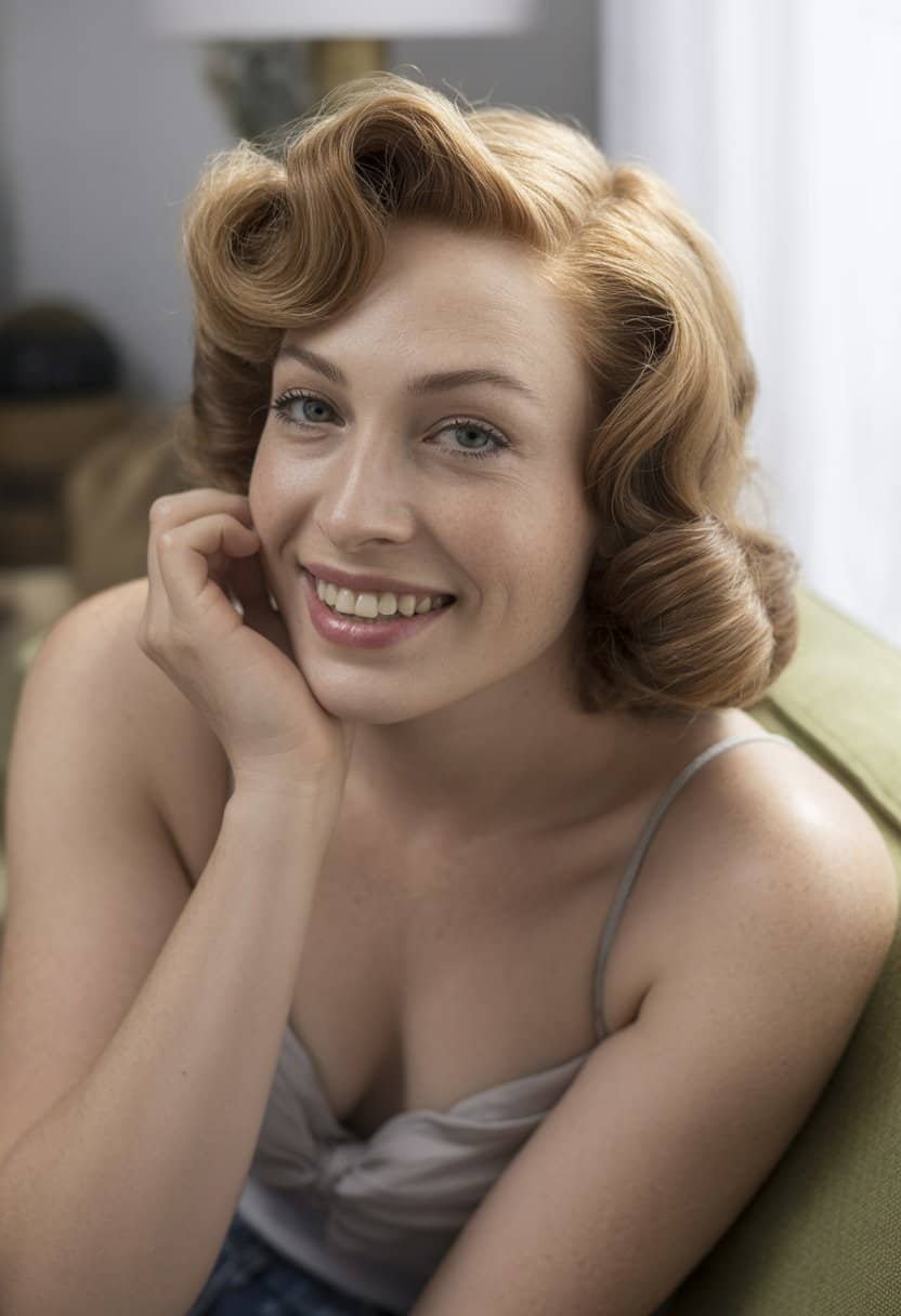A woman with wavy hair stands casually in a simple indoor setting, smiling naturally with soft lighting.