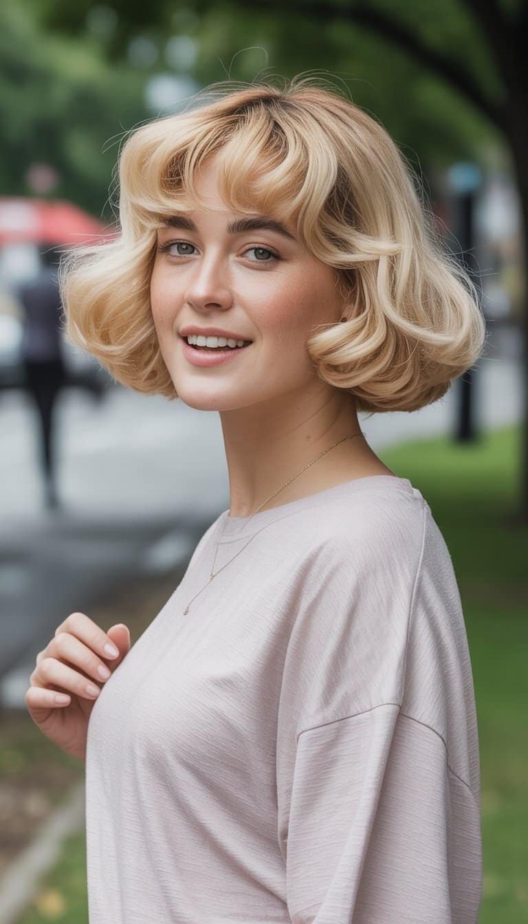 A woman with blonde hair stands outdoors in casual clothing, smiling naturally in a relaxed everyday setting.