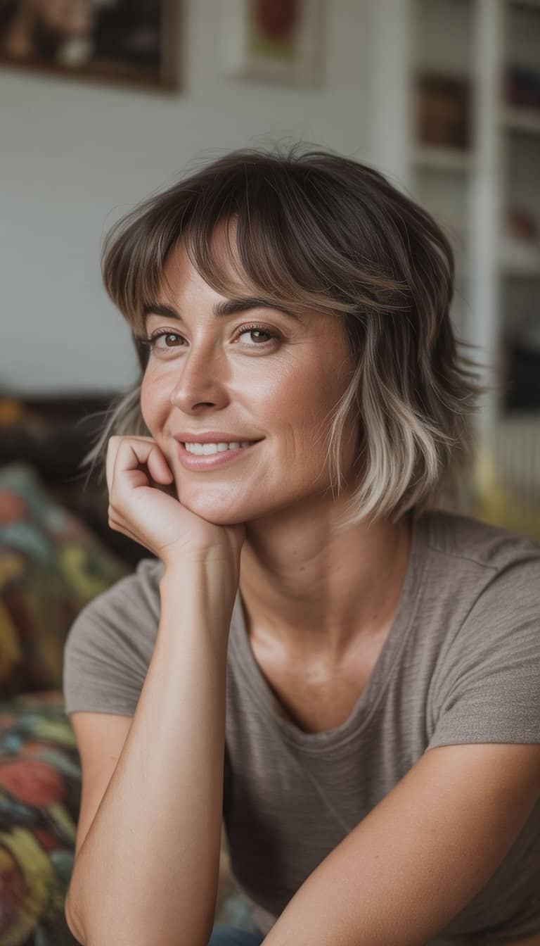 A woman with a mullet hairstyle stands casually in a simple indoor setting, looking relaxed and natural.