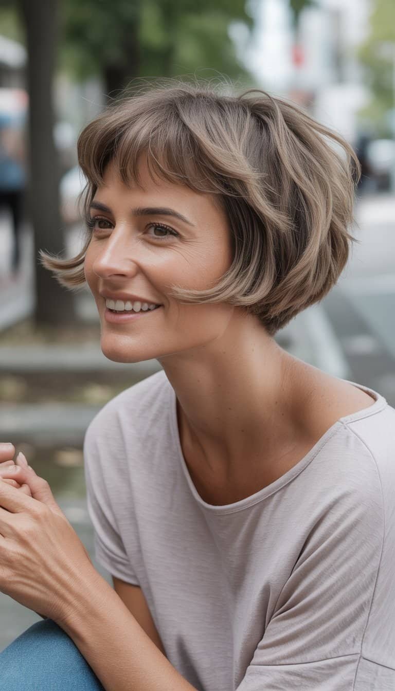 A woman with a short mullet wolf cut hairstyle stands outdoors in casual clothing, smiling naturally in a relaxed everyday setting.