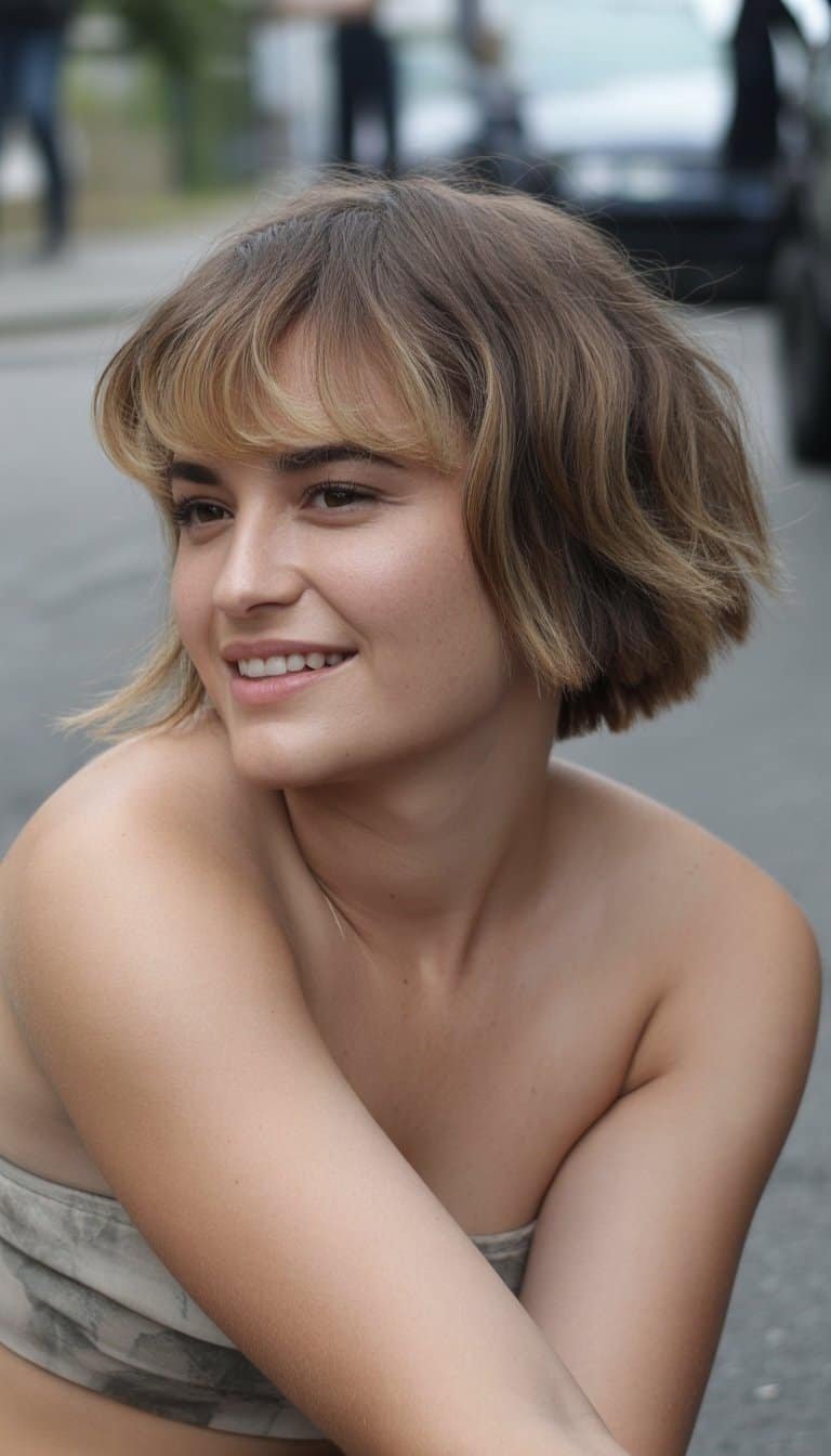 A young woman standing outdoors with a relaxed expression, wearing casual clothes and a mullet hairstyle with side swept fringe.