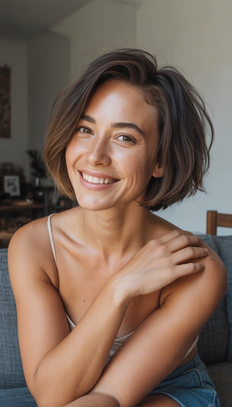 A woman with a short undercut bob hairstyle standing in a casual indoor setting, looking relaxed and natural.