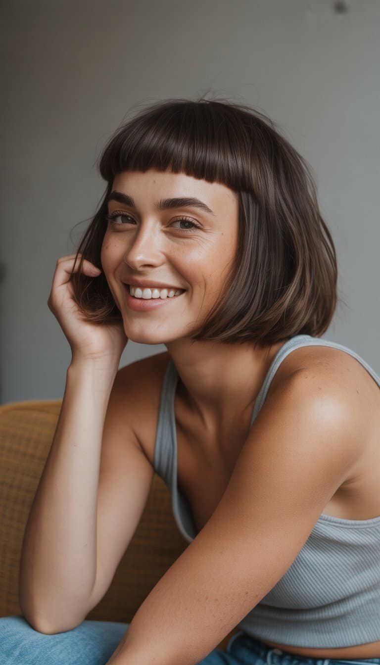 A woman with a short bob hairstyle standing in a casual indoor setting, looking relaxed and natural.