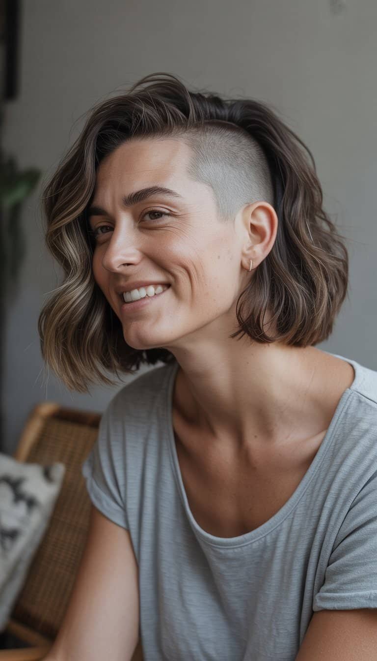 A woman with a side-shaved bob hairstyle stands casually in a softly lit everyday setting, wearing casual clothes and showing a relaxed expression.