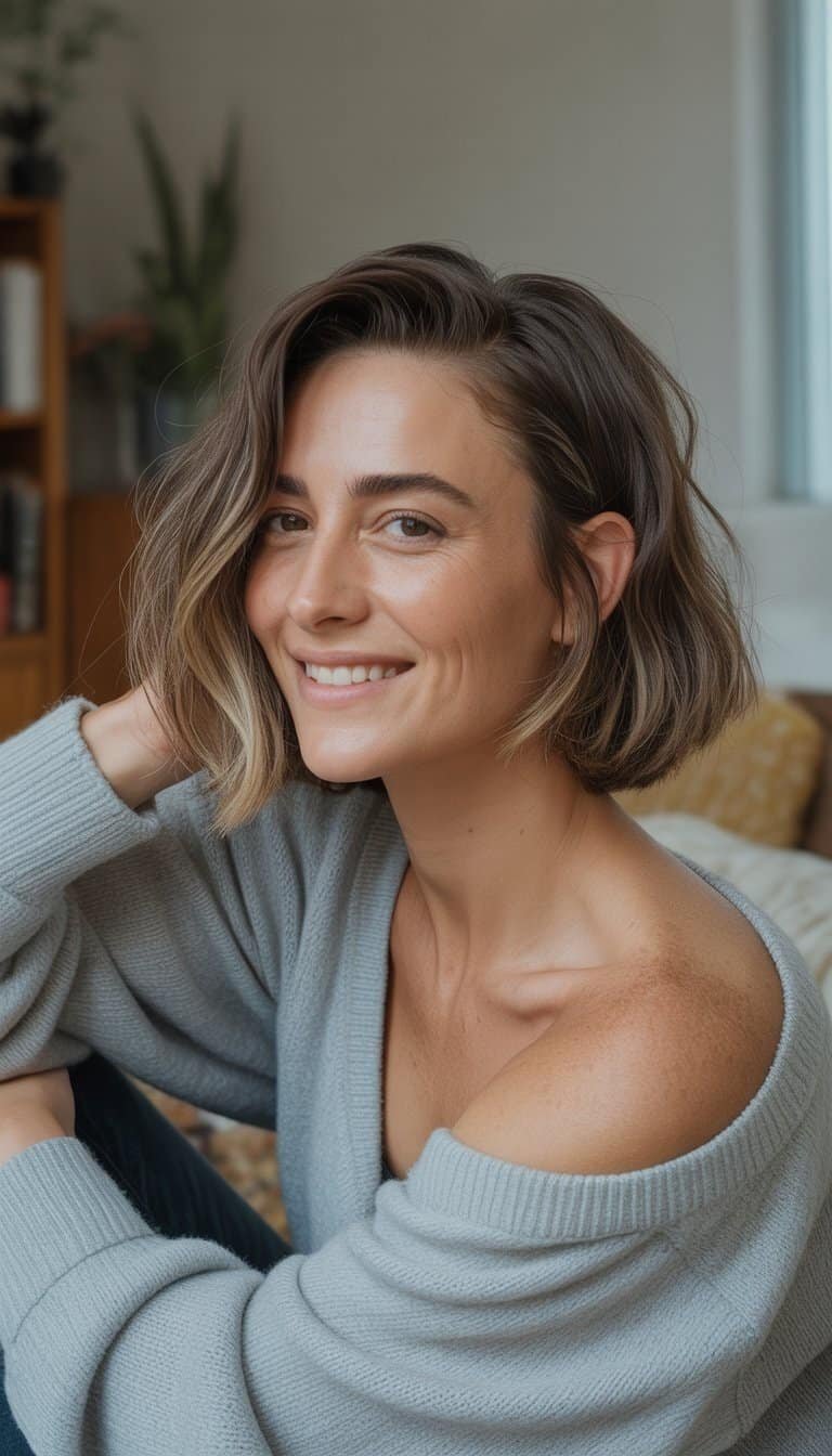 A woman with a short bob haircut stands in a casual indoor setting, wearing a sweater and looking relaxed and natural.