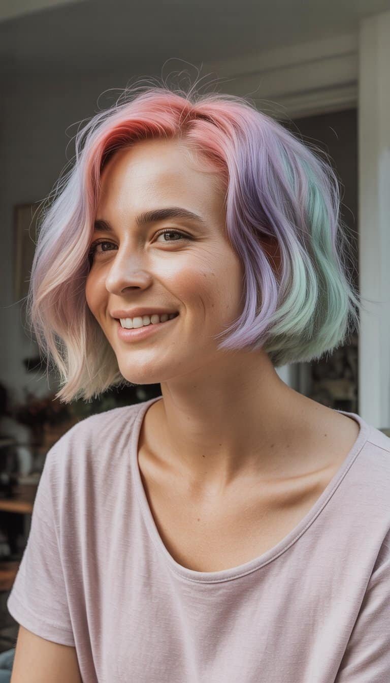 A woman with a pastel-colored short hairstyle smiling naturally in a casual indoor setting.