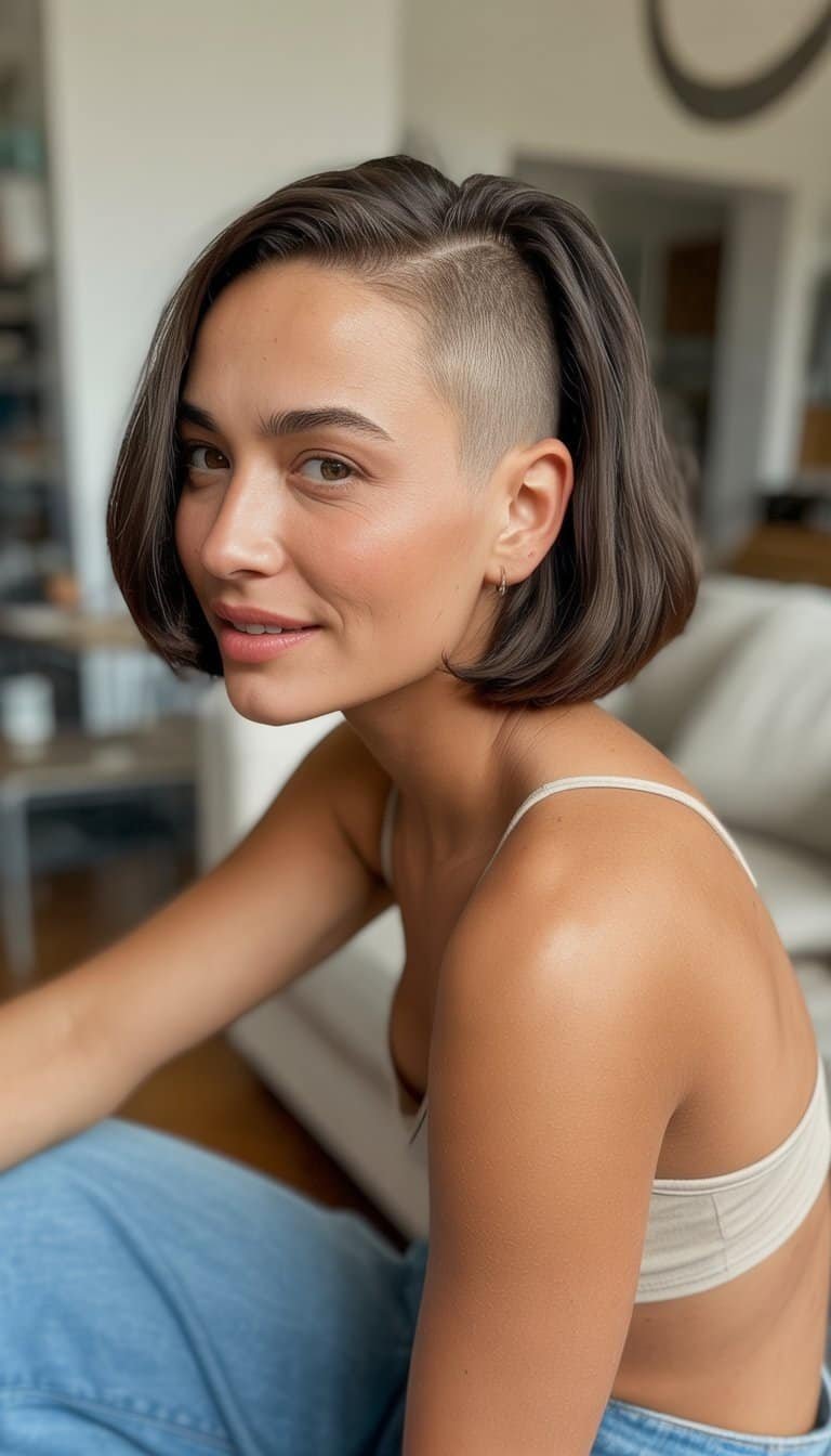 A woman with short hair stands casually in a simple, everyday setting with a relaxed expression.