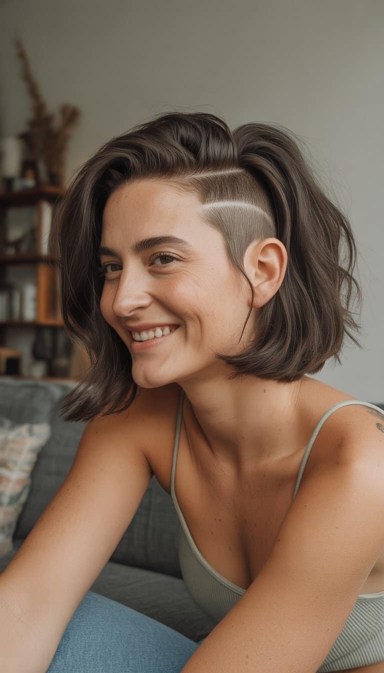 A woman with an undercut bob hairstyle sitting casually in a relaxed indoor setting.