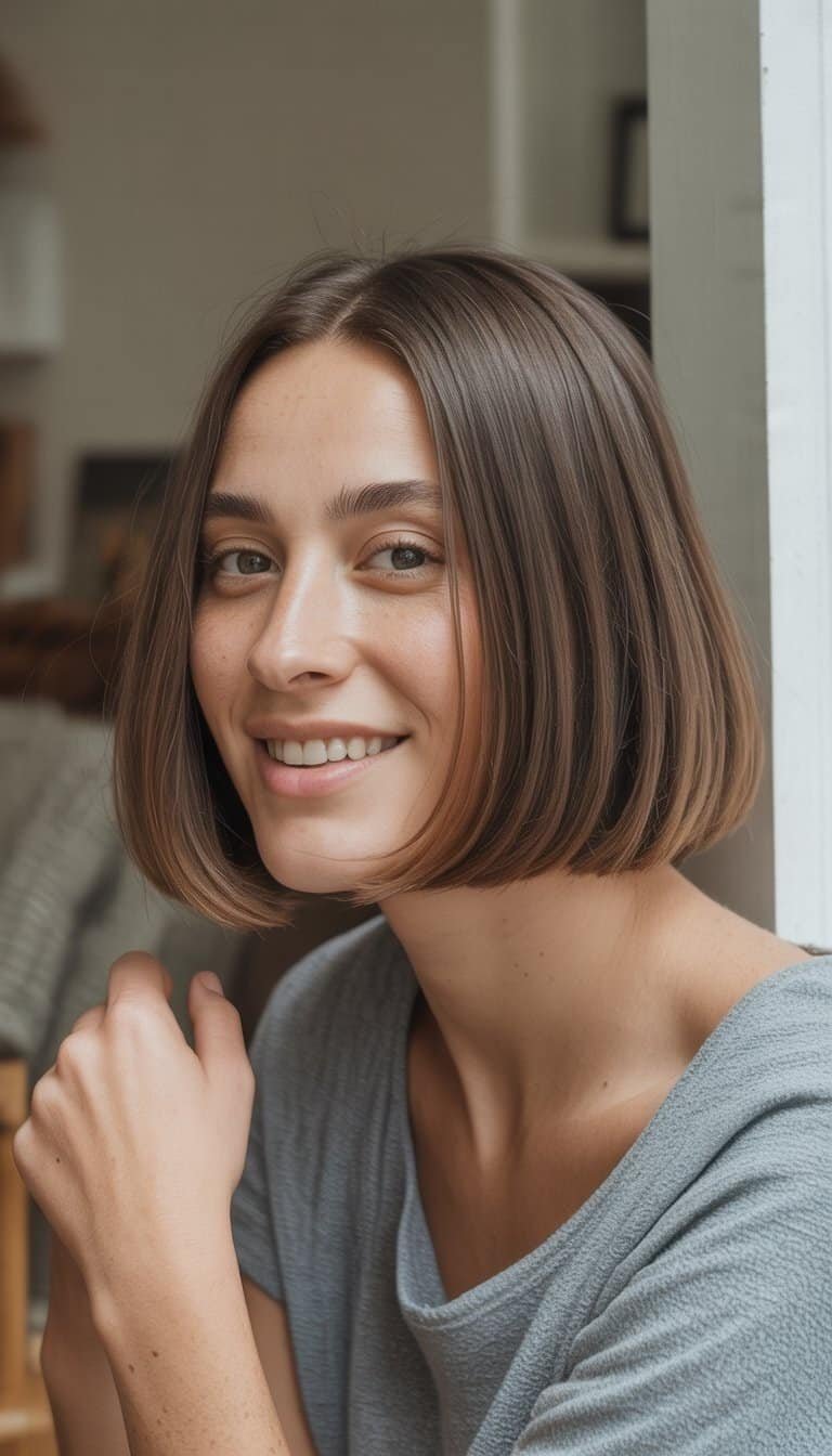 A woman with a straight bob haircut and undercut standing in a casual indoor setting, wearing casual clothes and looking relaxed.