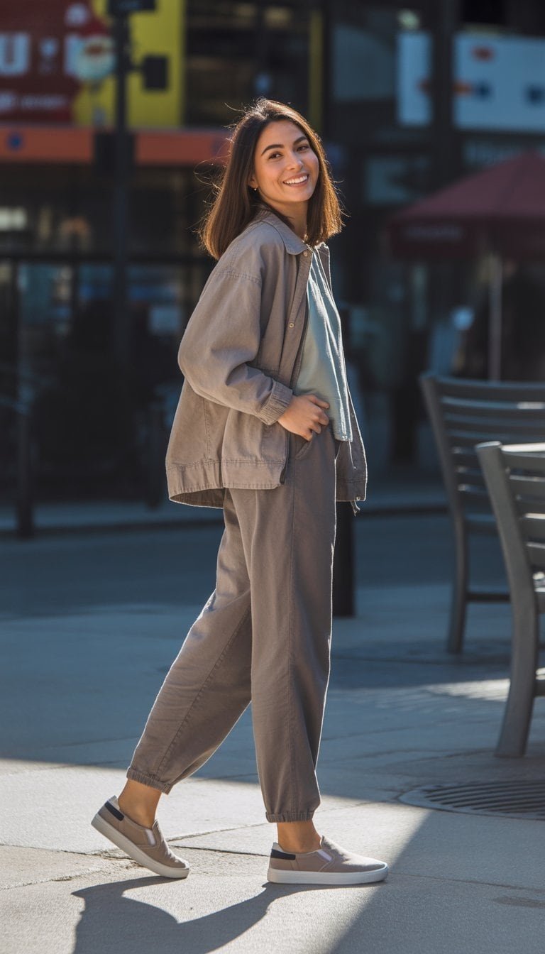 A young woman standing outdoors in an urban area, wearing slip-on sneakers and casual travel clothes, smiling naturally.