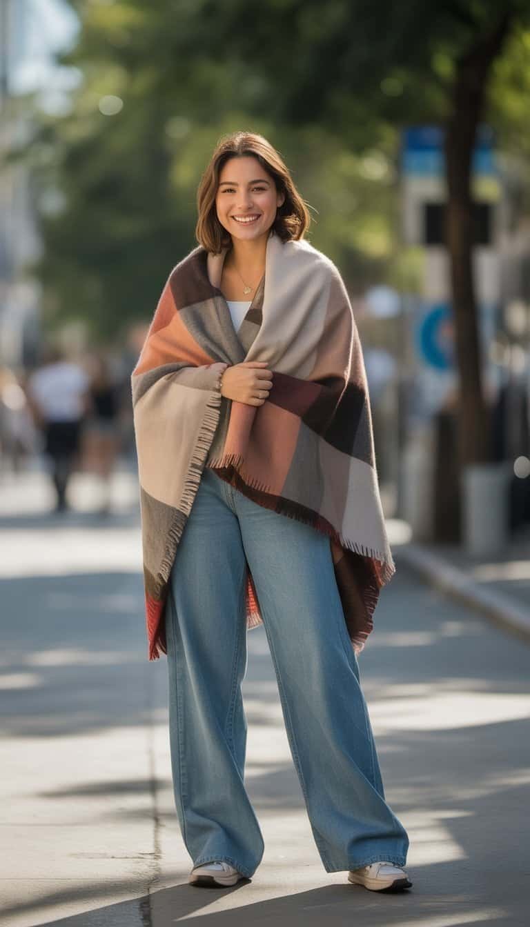 A young woman standing outdoors wearing an oversized scarf wrapped around her shoulders, shown in a full-body shot with a natural expression.