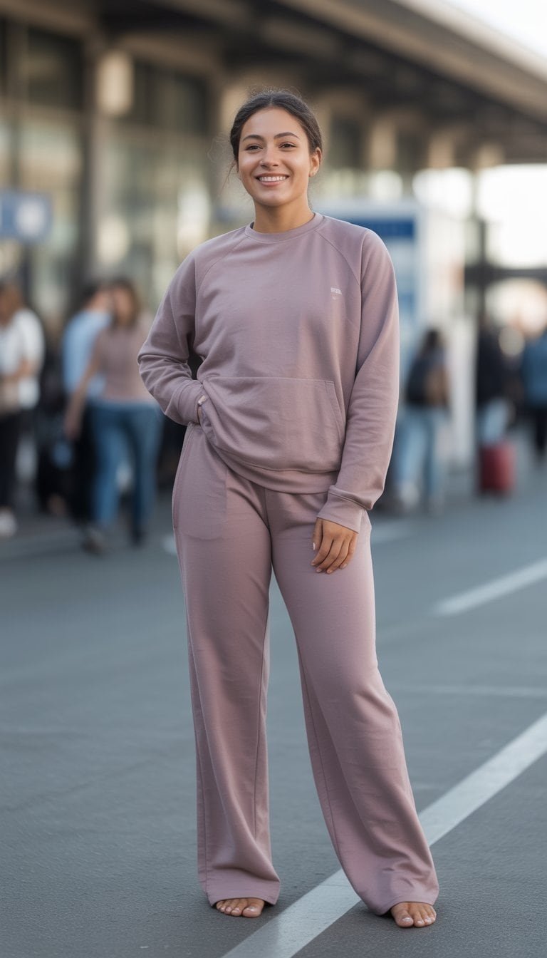 A young woman standing full body in an everyday outdoor urban setting, wearing a matching athleisure outfit.