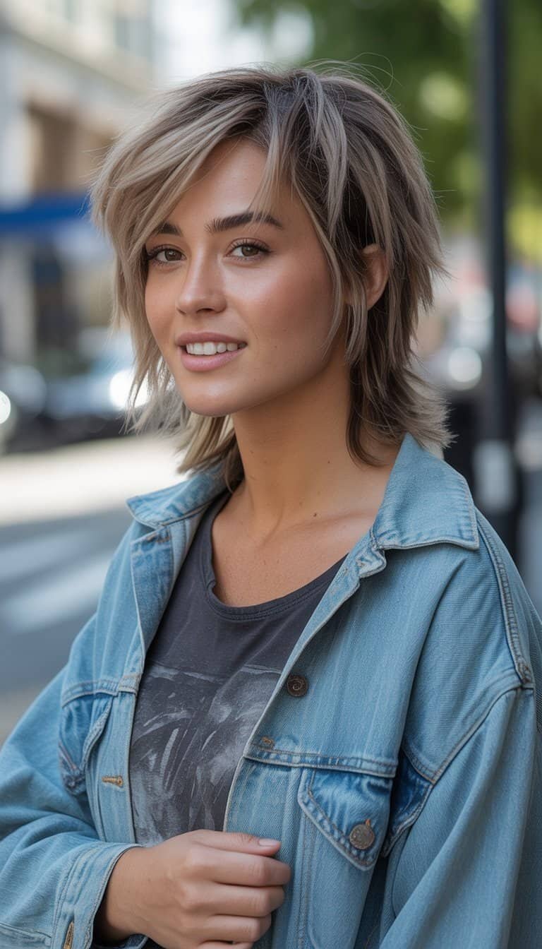 A young woman with layered hair standing outdoors in casual clothes, looking relaxed and natural.