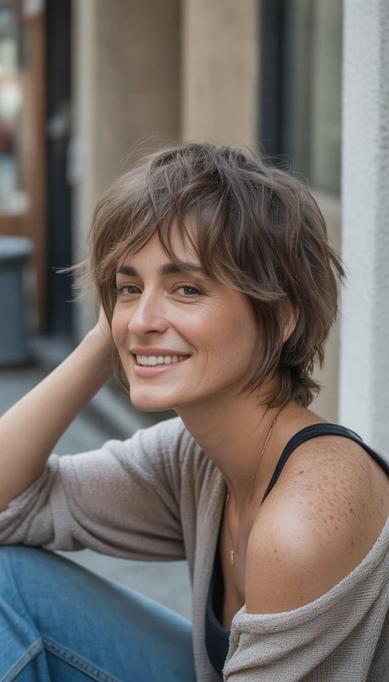 A woman with a shaggy haircut stands casually in a simple everyday setting, wearing casual clothes and looking relaxed and natural.