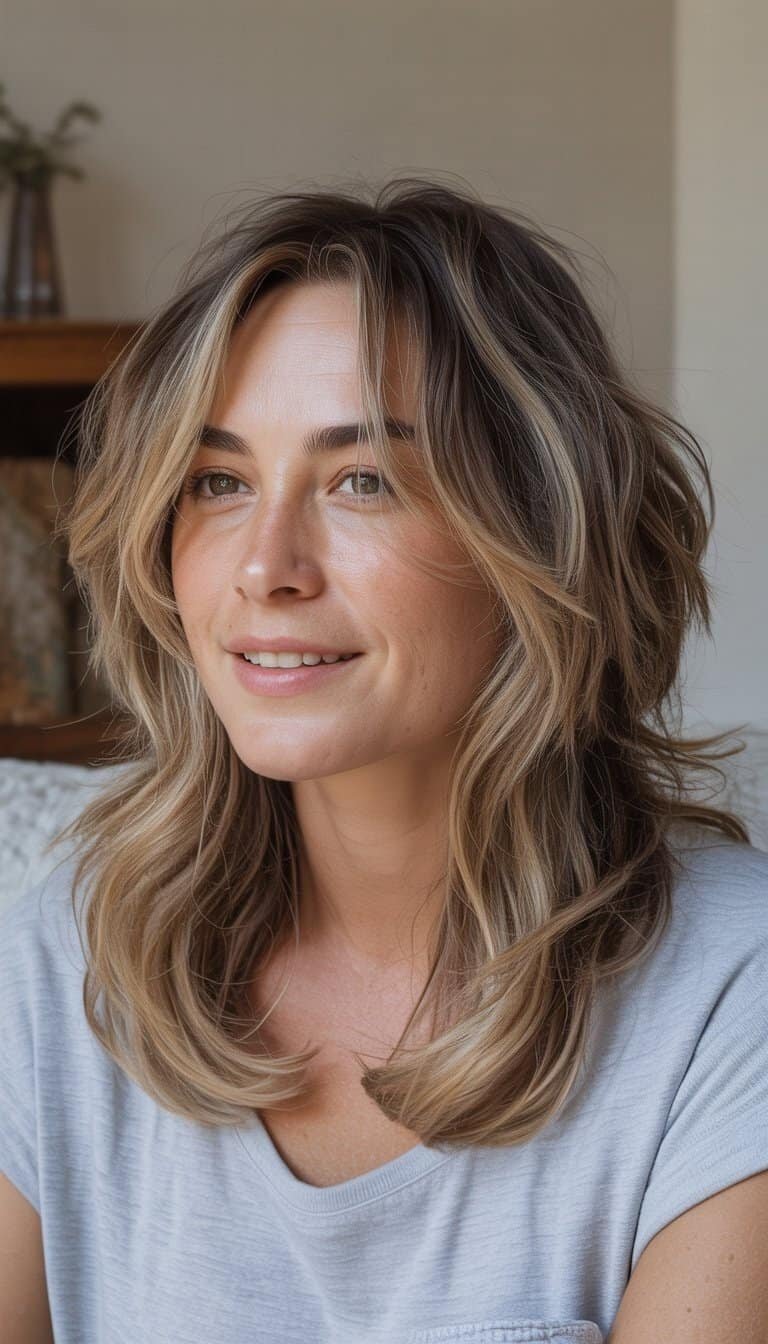 A woman with layered hair sitting casually in a simple indoor setting, wearing everyday clothes and smiling naturally.