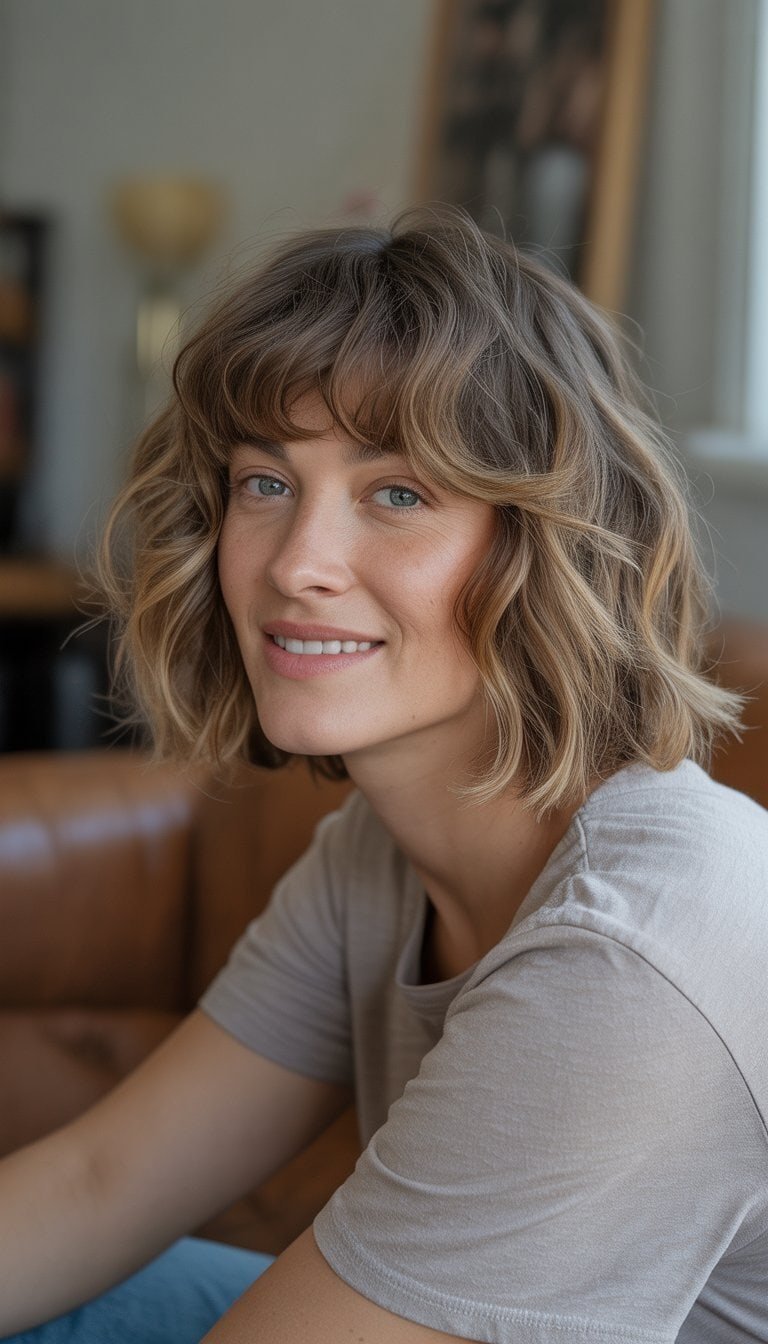 A woman with wavy hair and side-swept bangs standing in a casual indoor setting, wearing simple clothes and smiling naturally.