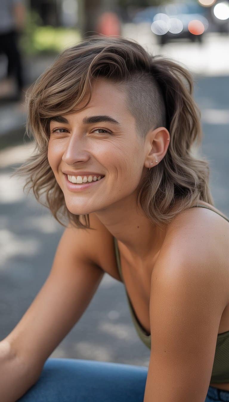A woman with a short mullet hairstyle standing outdoors in a casual setting, smiling naturally.