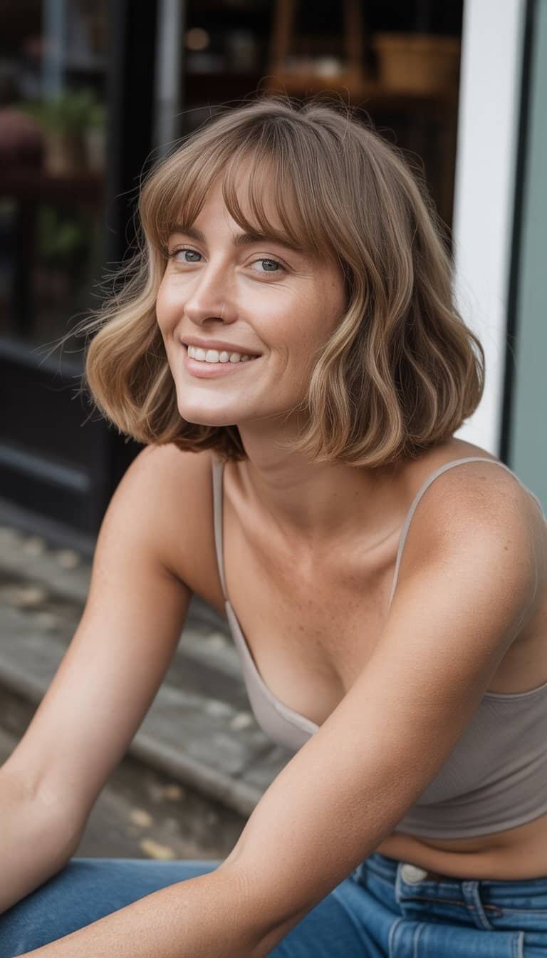 A woman with a soft mullet and curtain bangs casually standing outdoors, smiling naturally with a relaxed expression.