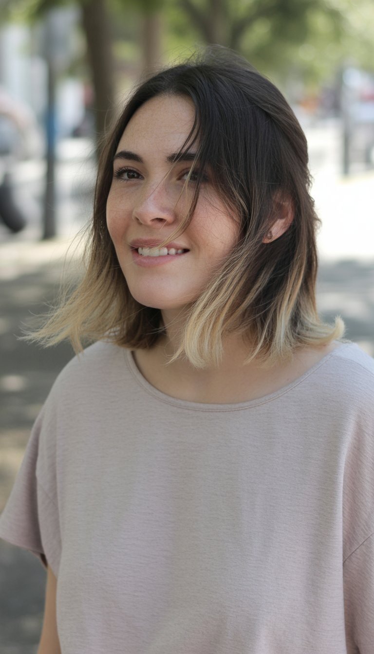 A woman standing outdoors in casual clothes with a soft mullet hairstyle and highlighted tips, smiling naturally in a relaxed setting.