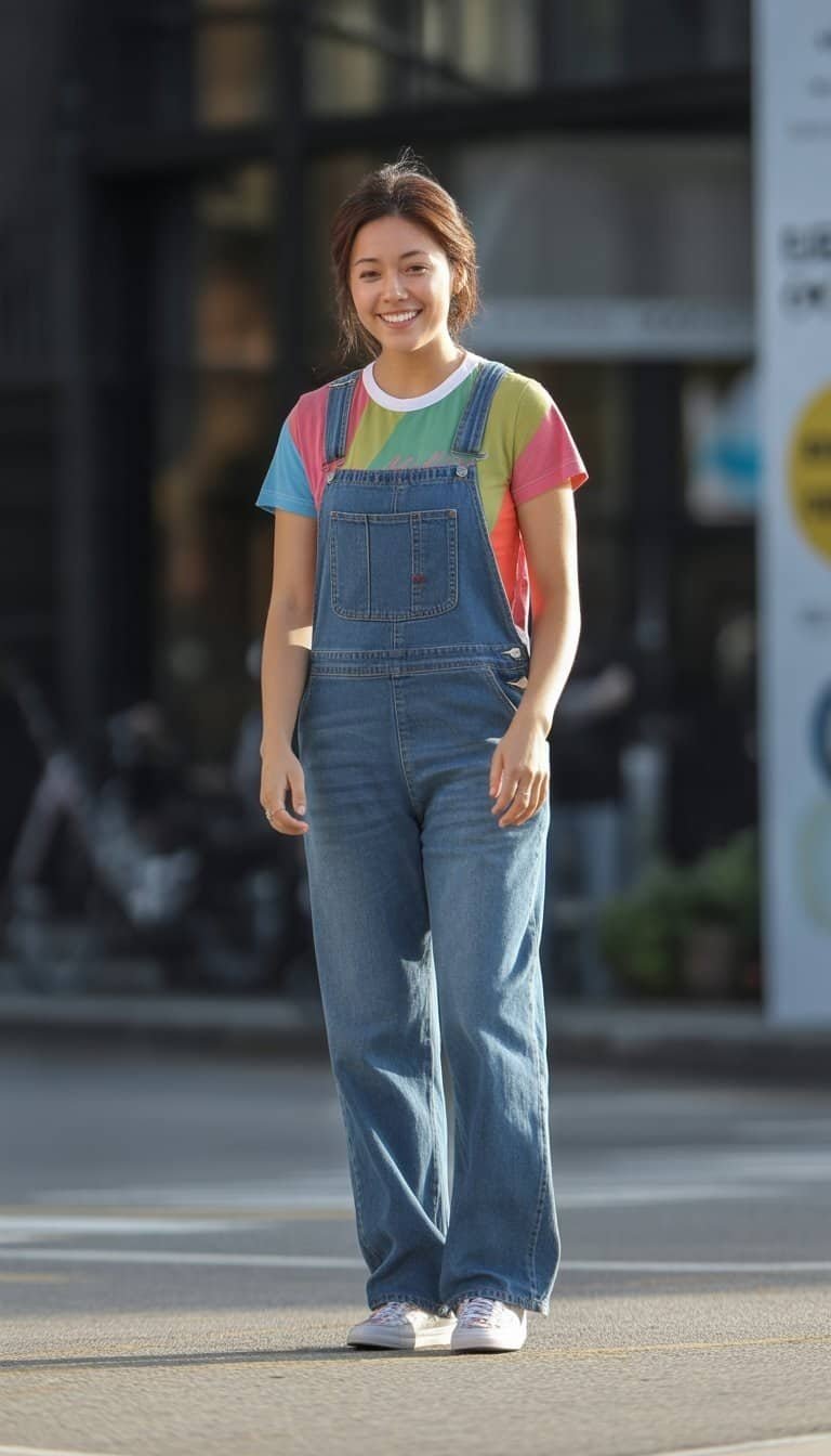 A young woman standing outdoors, wearing denim overalls and a bright-colored shirt, looking relaxed and natural.