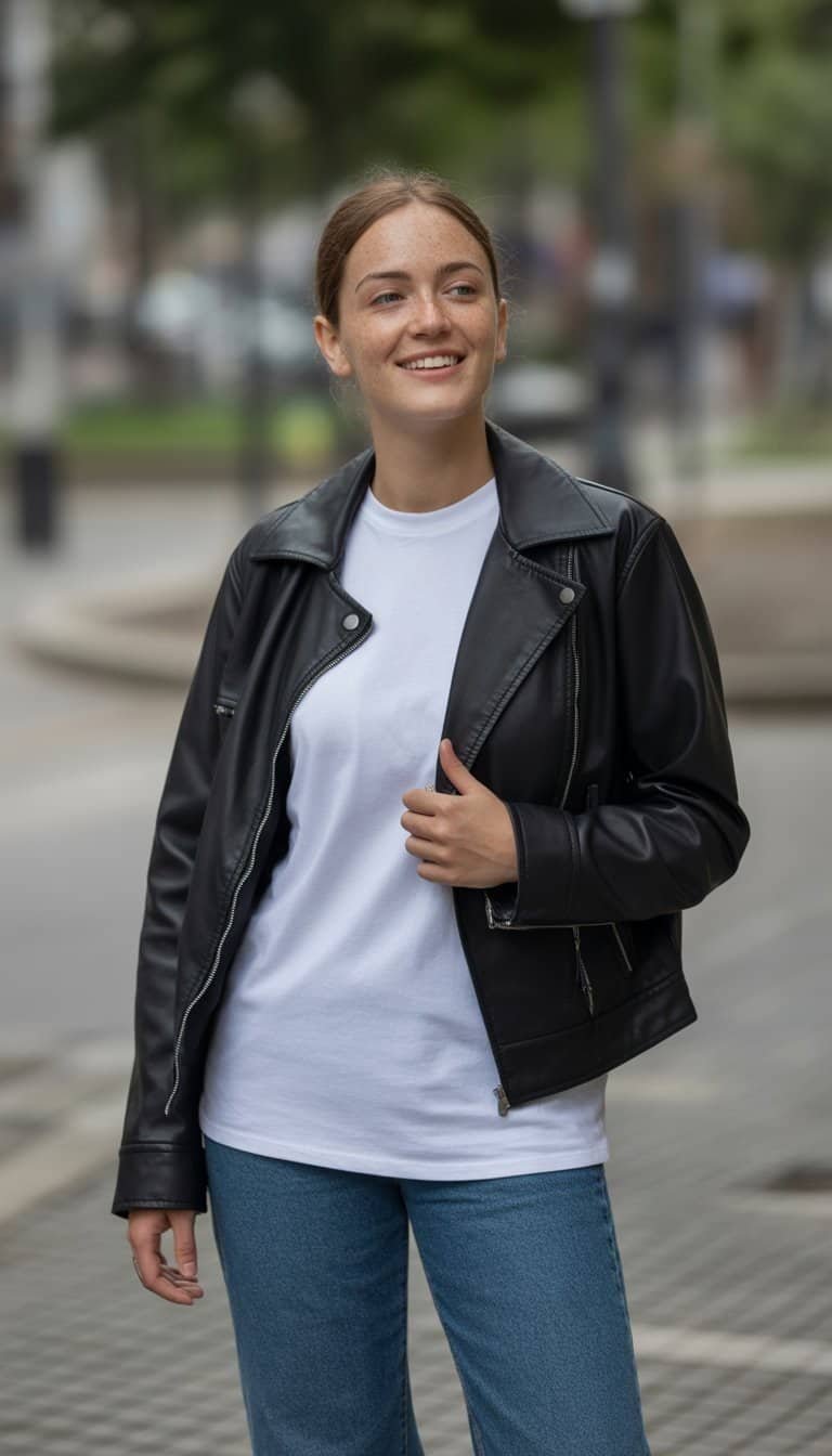 A young woman standing outdoors wearing a leather jacket, white t-shirt, and jeans, looking relaxed and confident.