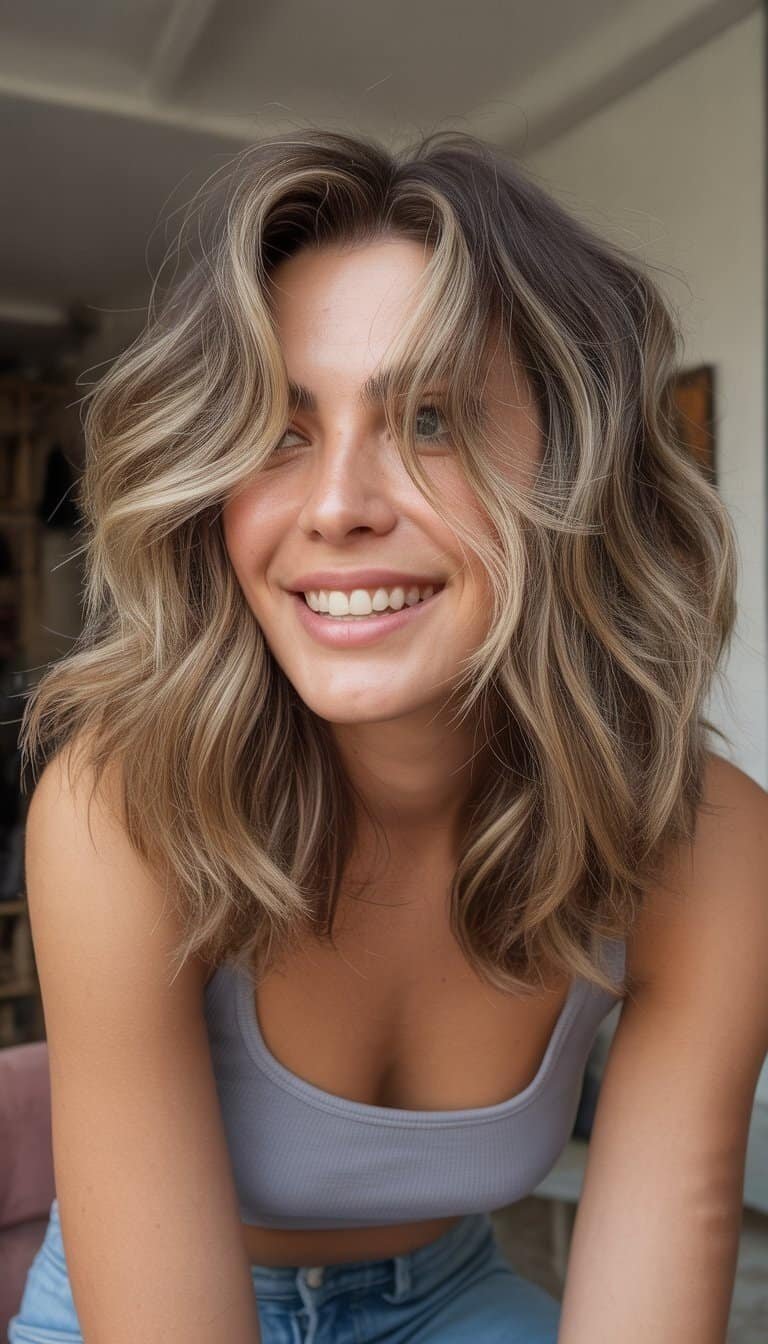 A woman with wavy layered hair standing in a casual indoor setting, smiling naturally.