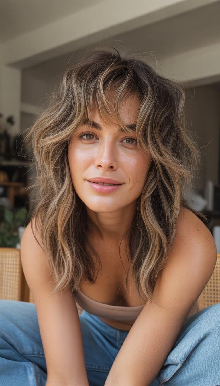 A woman with wavy hair and wispy bangs smiling softly in a casual indoor setting.