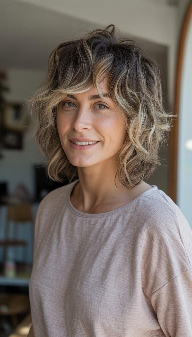 A woman with wavy layered hair stands in a casual indoor setting, smiling naturally and looking relaxed.