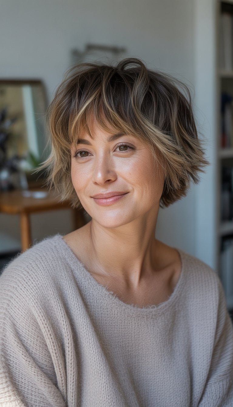 A woman with short layered hair and bangs standing in a casual indoor setting, wearing a simple outfit and smiling naturally.