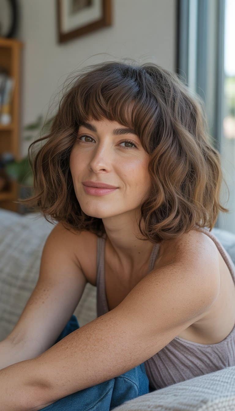 A woman with wavy hair and curtain bangs smiles naturally in a casual indoor setting.