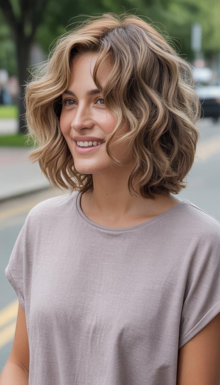 A woman with medium-length wavy hair standing outdoors, smiling naturally in a casual setting.