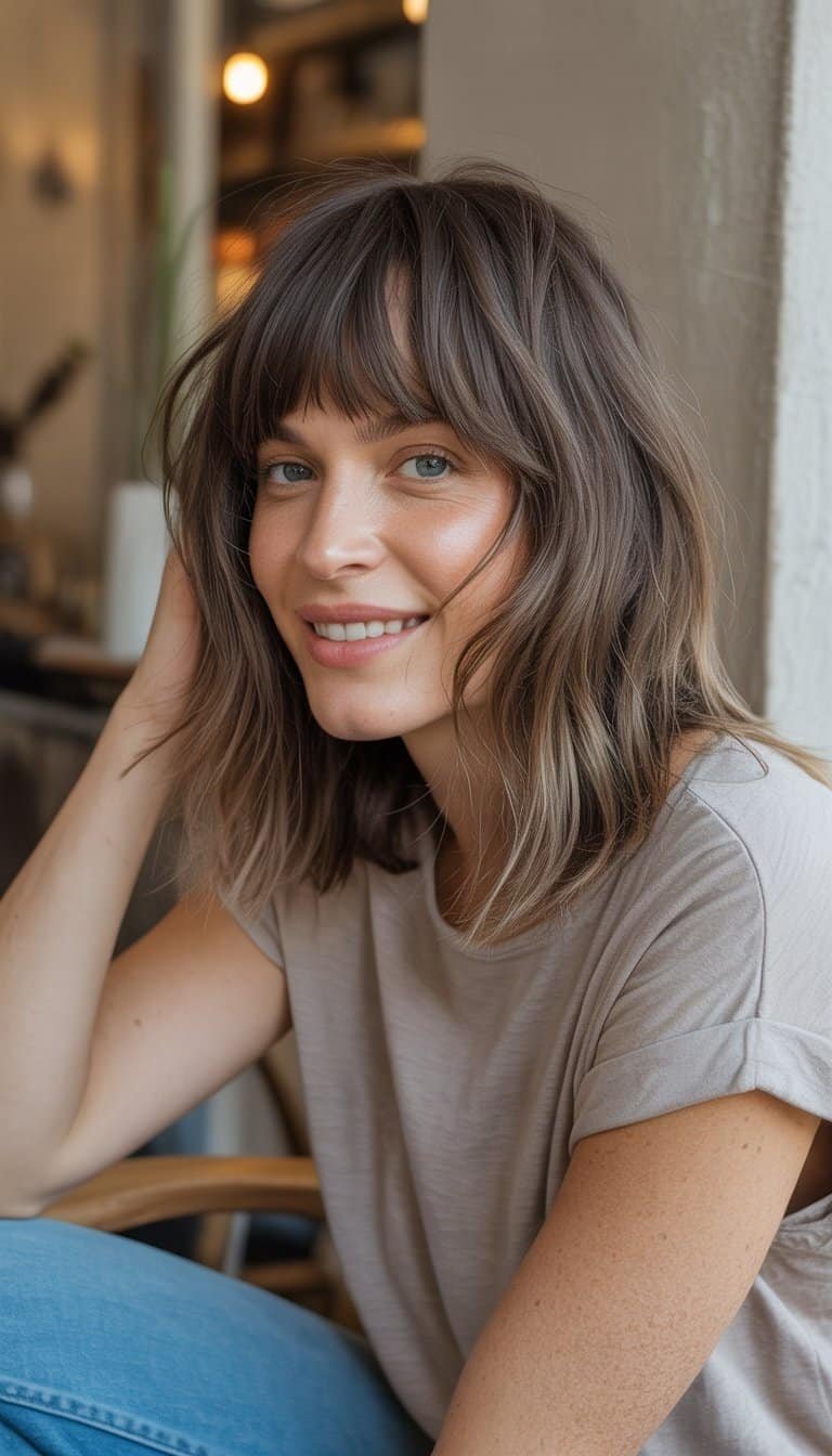 A woman with short hair and bangs smiling naturally in a casual indoor setting.