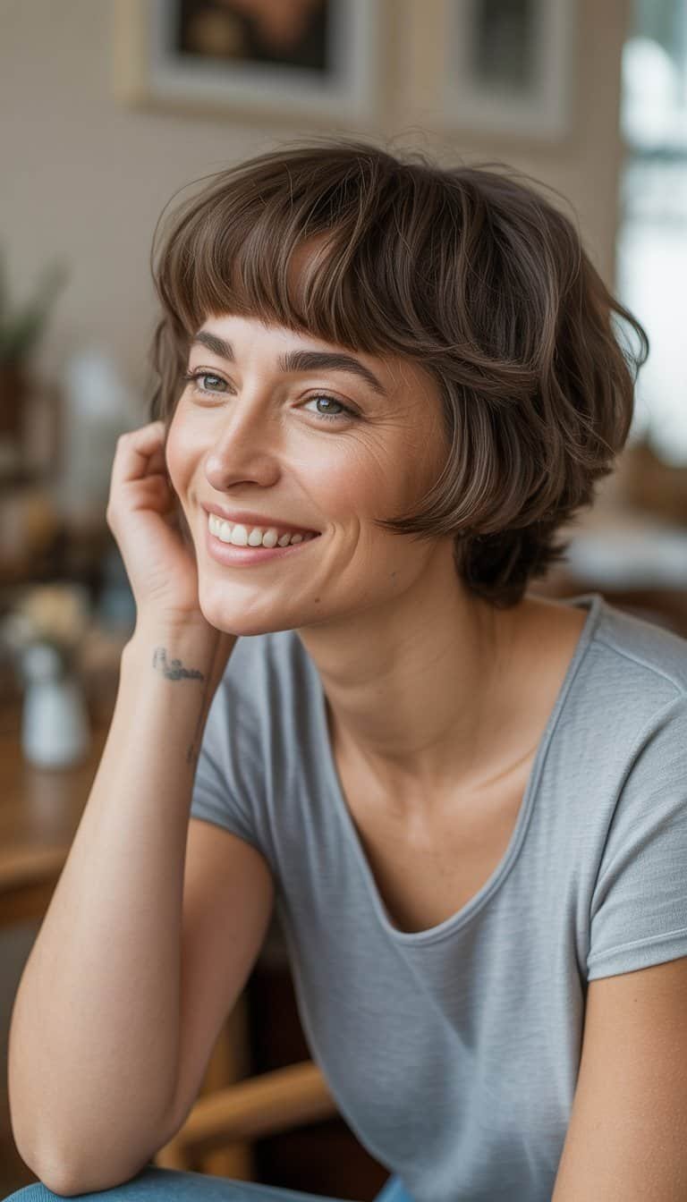 A woman with short layered hair and bangs smiling naturally in a casual indoor setting.
