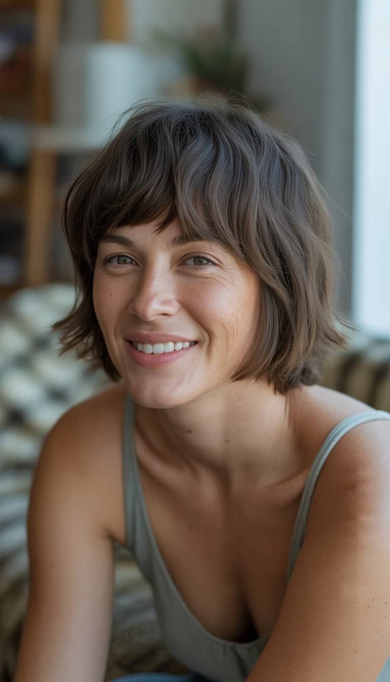 A woman with short hair and side-parted bangs smiling naturally in a casual indoor setting.
