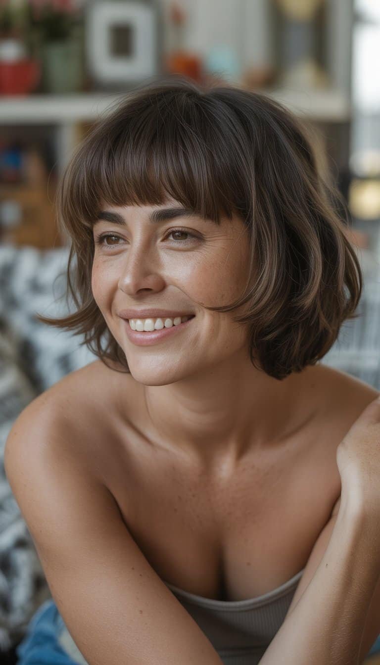 A woman with a short shag haircut and thick bangs smiling naturally in a casual indoor setting.