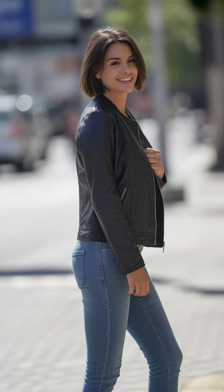 A young woman standing outdoors on a city street, wearing a black jacket and jeans, looking confidently at the camera.