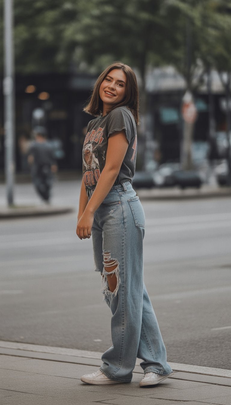 A young woman standing outdoors on a city street wearing a graphic tee and distressed jeans, captured from head to toe with a natural expression.