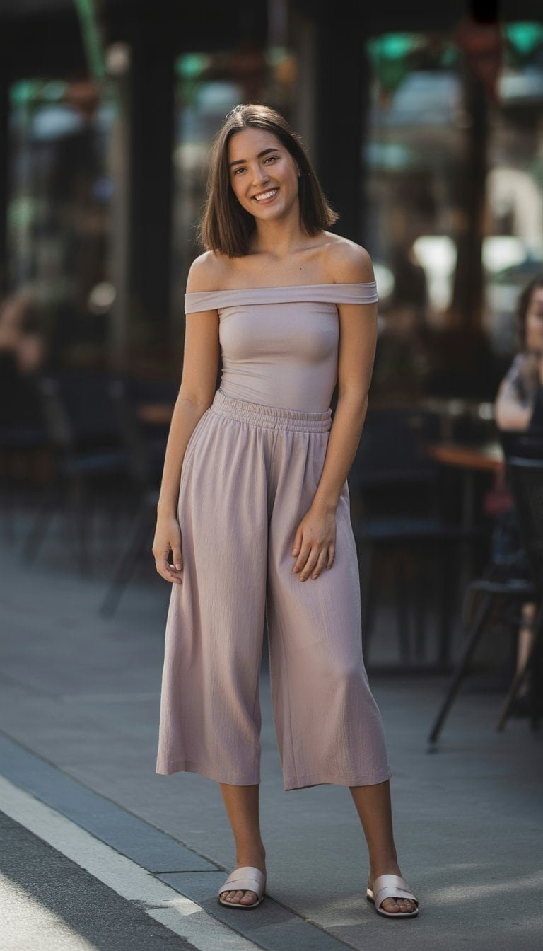 A young woman standing outdoors on a city street, wearing an off-shoulder top and wide pants, looking relaxed and natural.