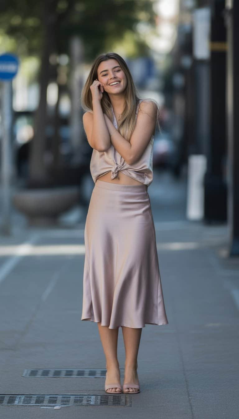 A young woman standing outdoors on a city sidewalk, wearing a midi skirt and blouse, smiling naturally in a full body shot.