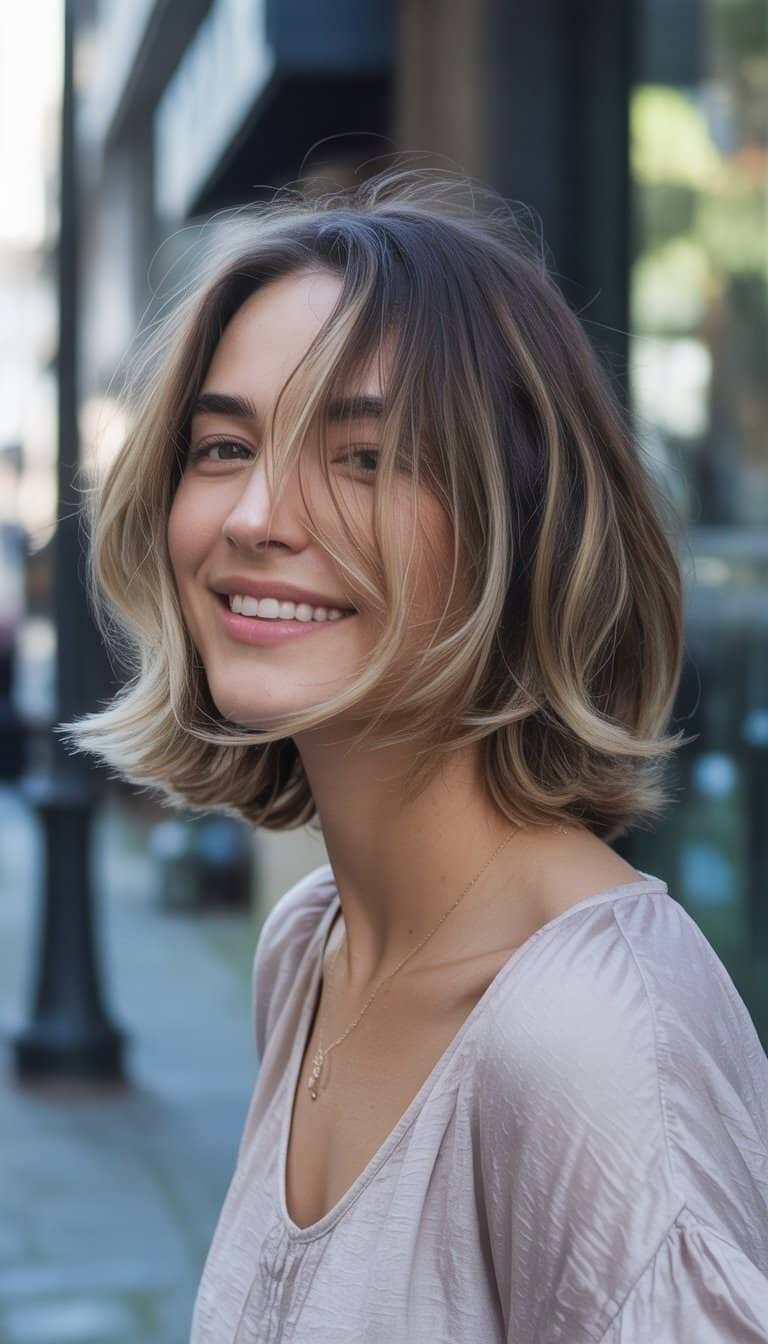 A woman with shoulder-length layered hair standing outdoors in casual clothing, smiling naturally in a relaxed setting.