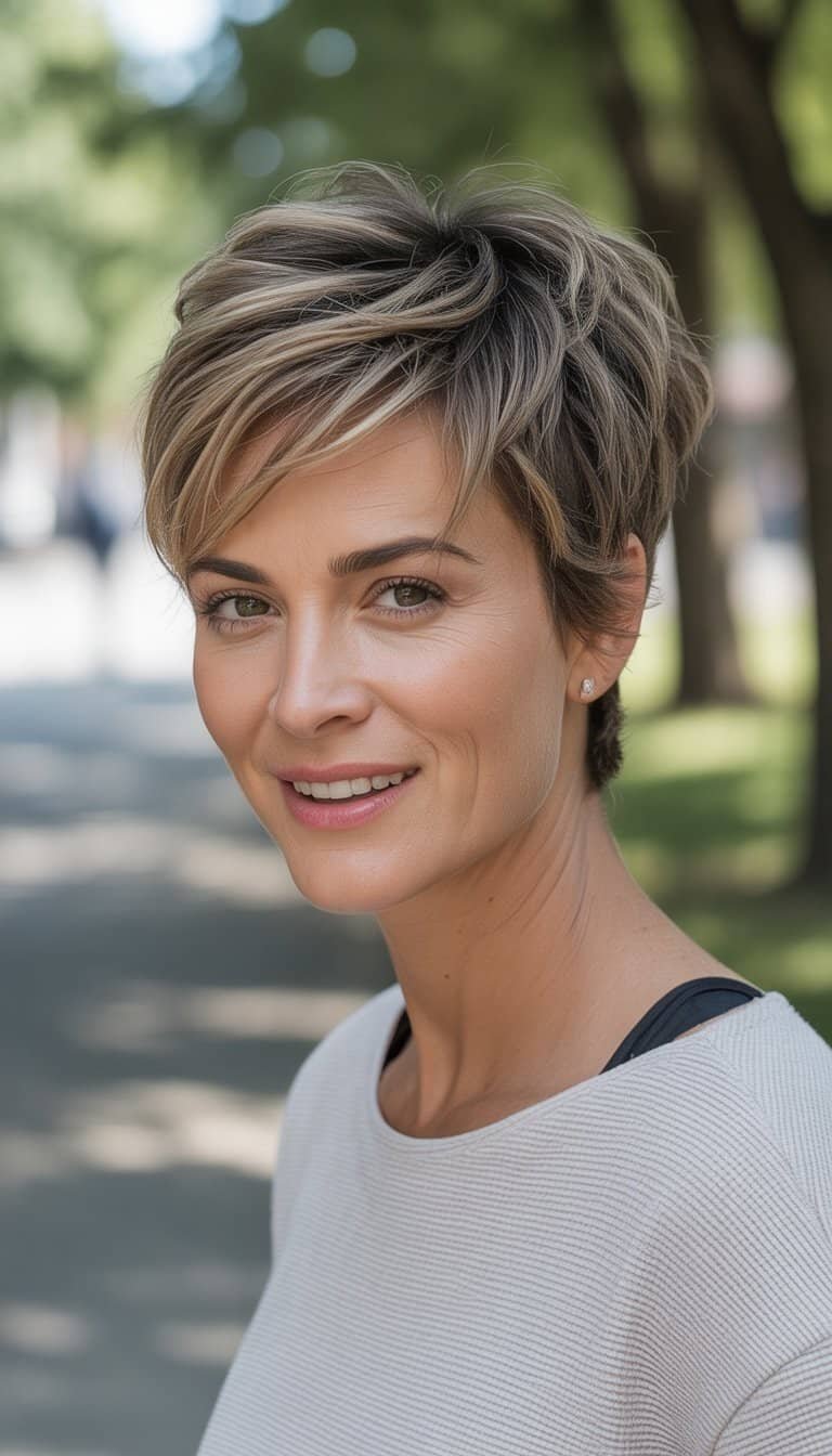 A woman with short layered hair standing outdoors in casual clothing, smiling naturally with a soft-focus everyday background.
