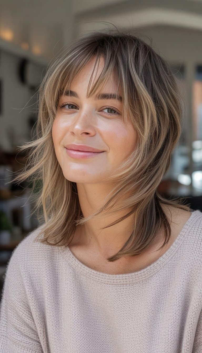 A woman with layered bangs smiling naturally in a casual indoor setting.