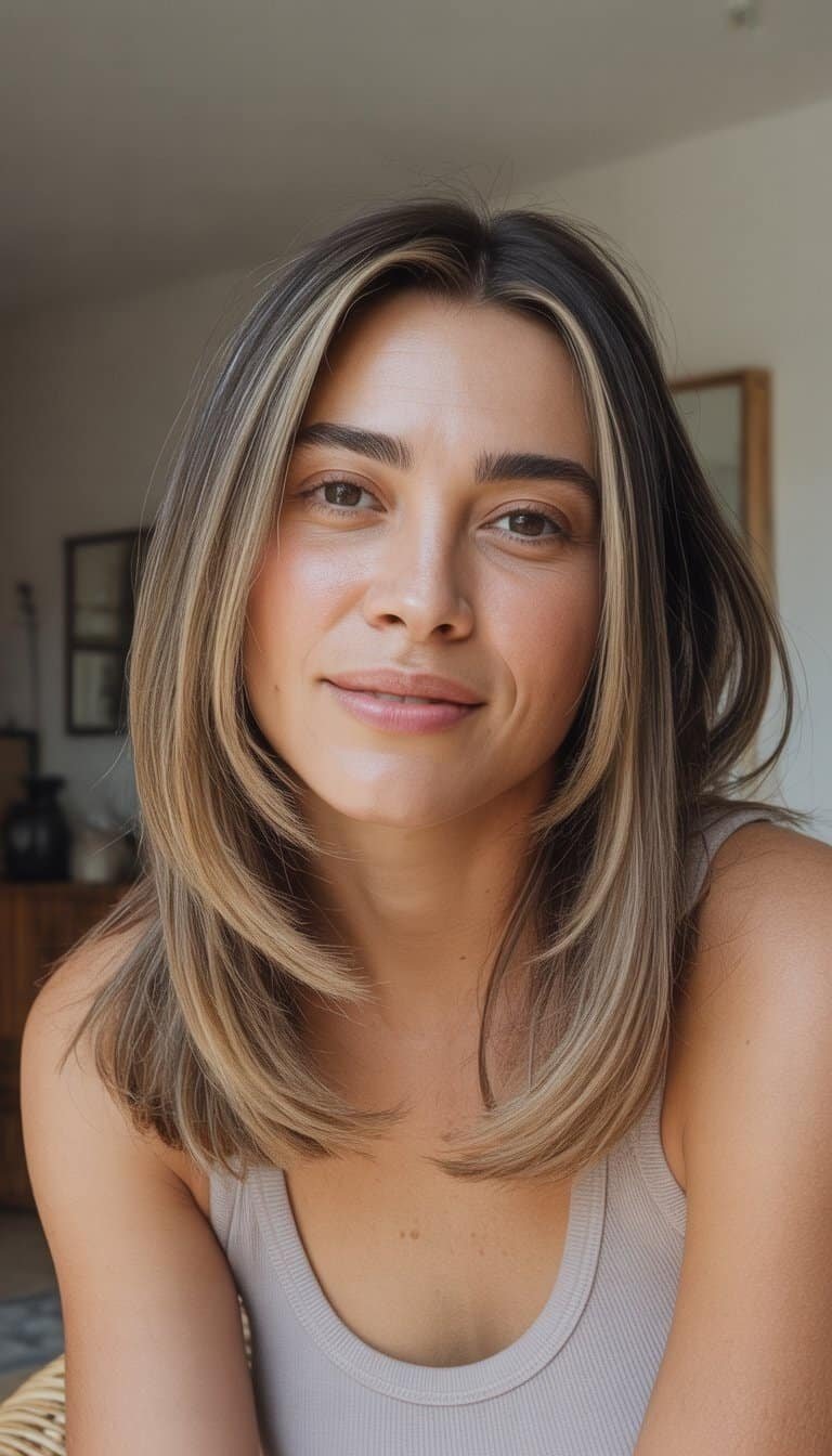 A woman with straight layered hair parted in the middle, sitting casually in a simple indoor setting, looking relaxed and natural.