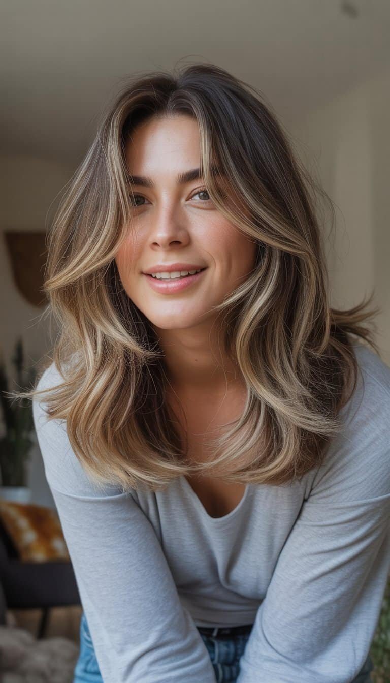 A woman with layered hair and balayage highlights smiling naturally in a casual setting.
