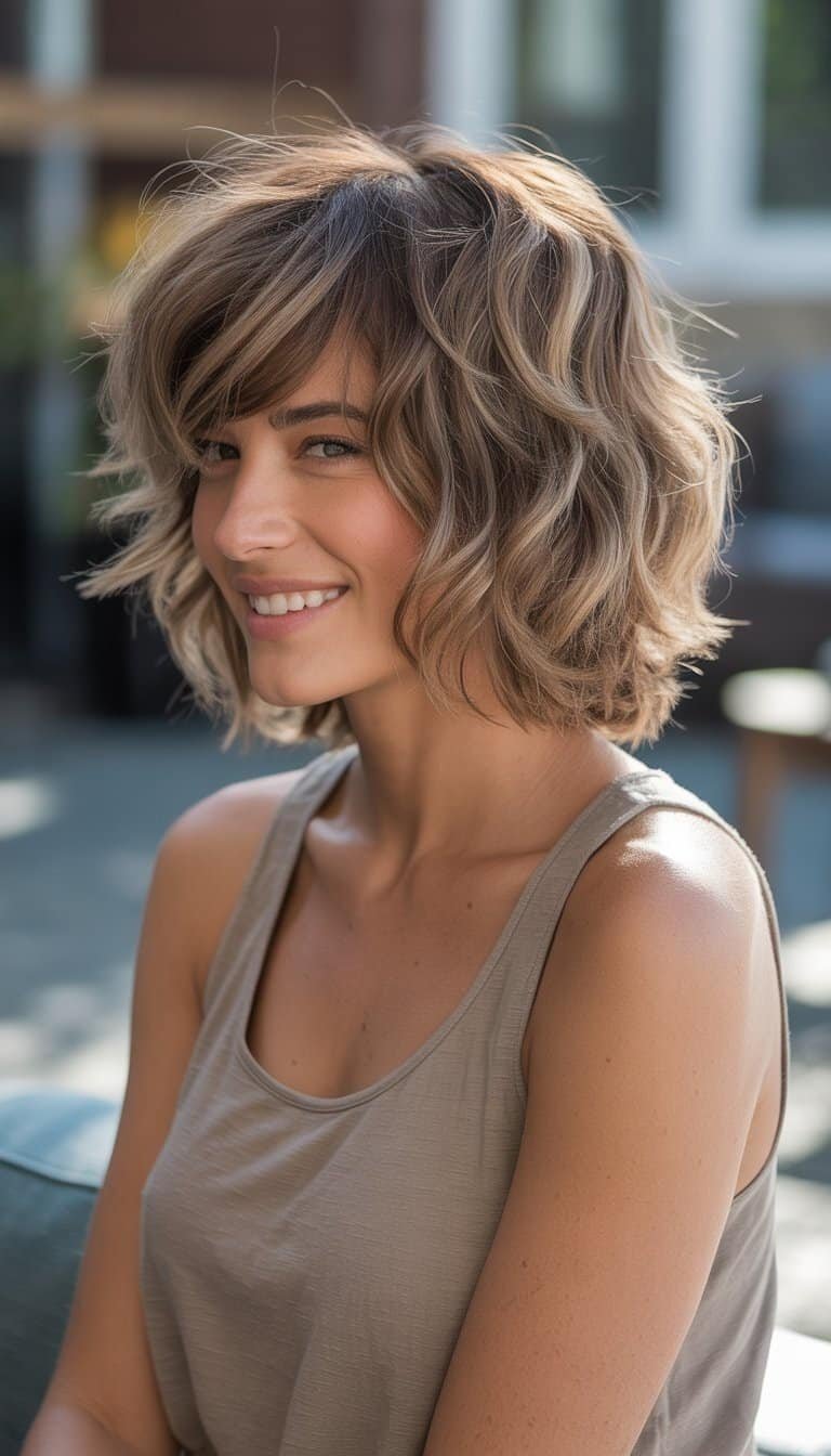 A woman with a layered, textured haircut stands casually in a simple indoor or outdoor setting, wearing casual clothes and smiling naturally.